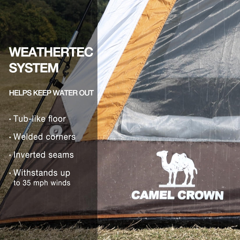 Camel Crown tent anchored with iron piles for sturdy setup on uneven ground.