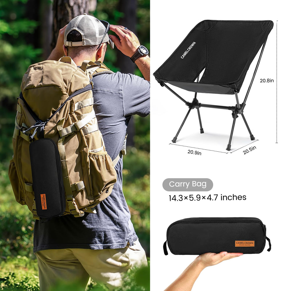 CAMEL CROWN portable camping chair side-view shows stable X-shaped frame and solid support.