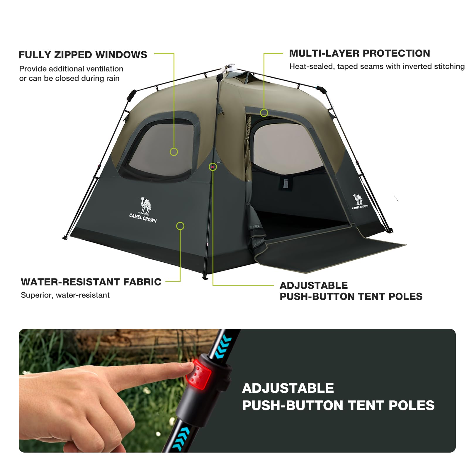 Camel Crown tent with carry bag enables easy transport