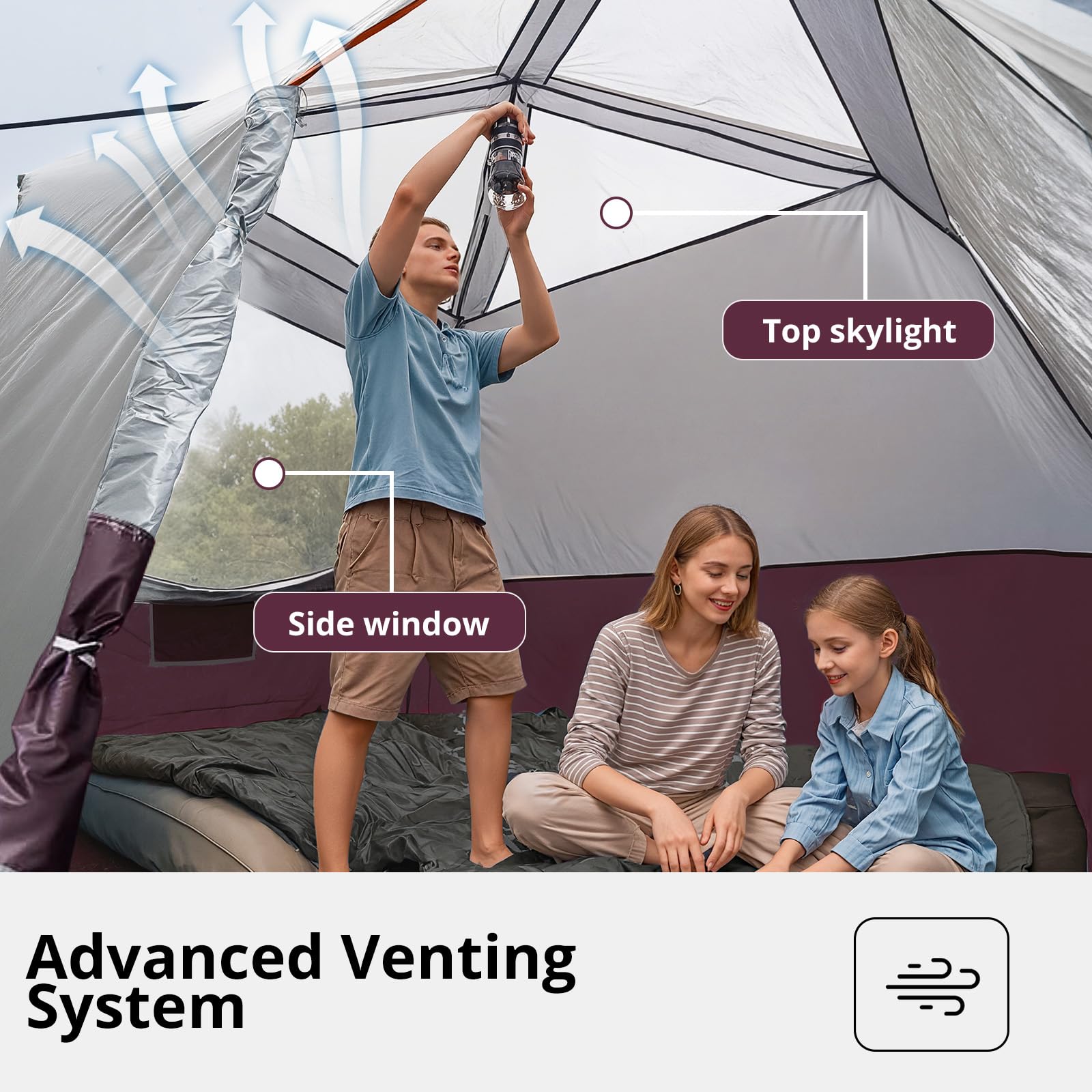 Camel Crown tent ventilation-3d-airflow ensures fresh air through multiple mesh panels.