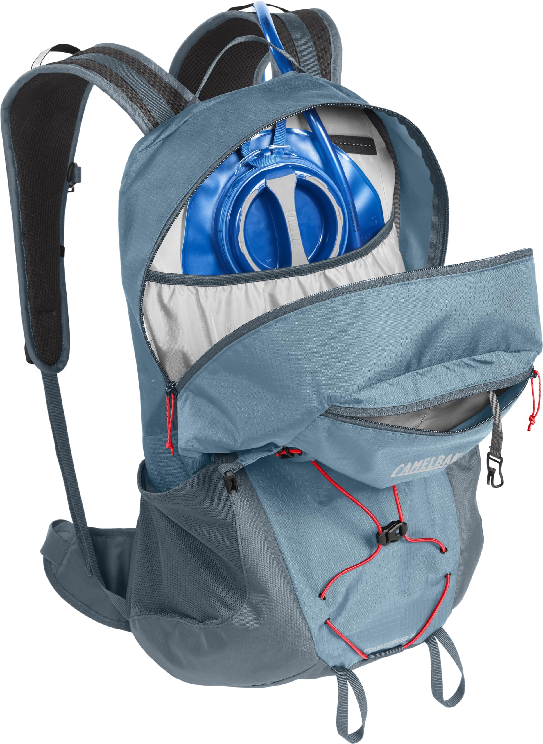 CamelBak Fourteener 24 front bungee system close-up secures bulky gear.