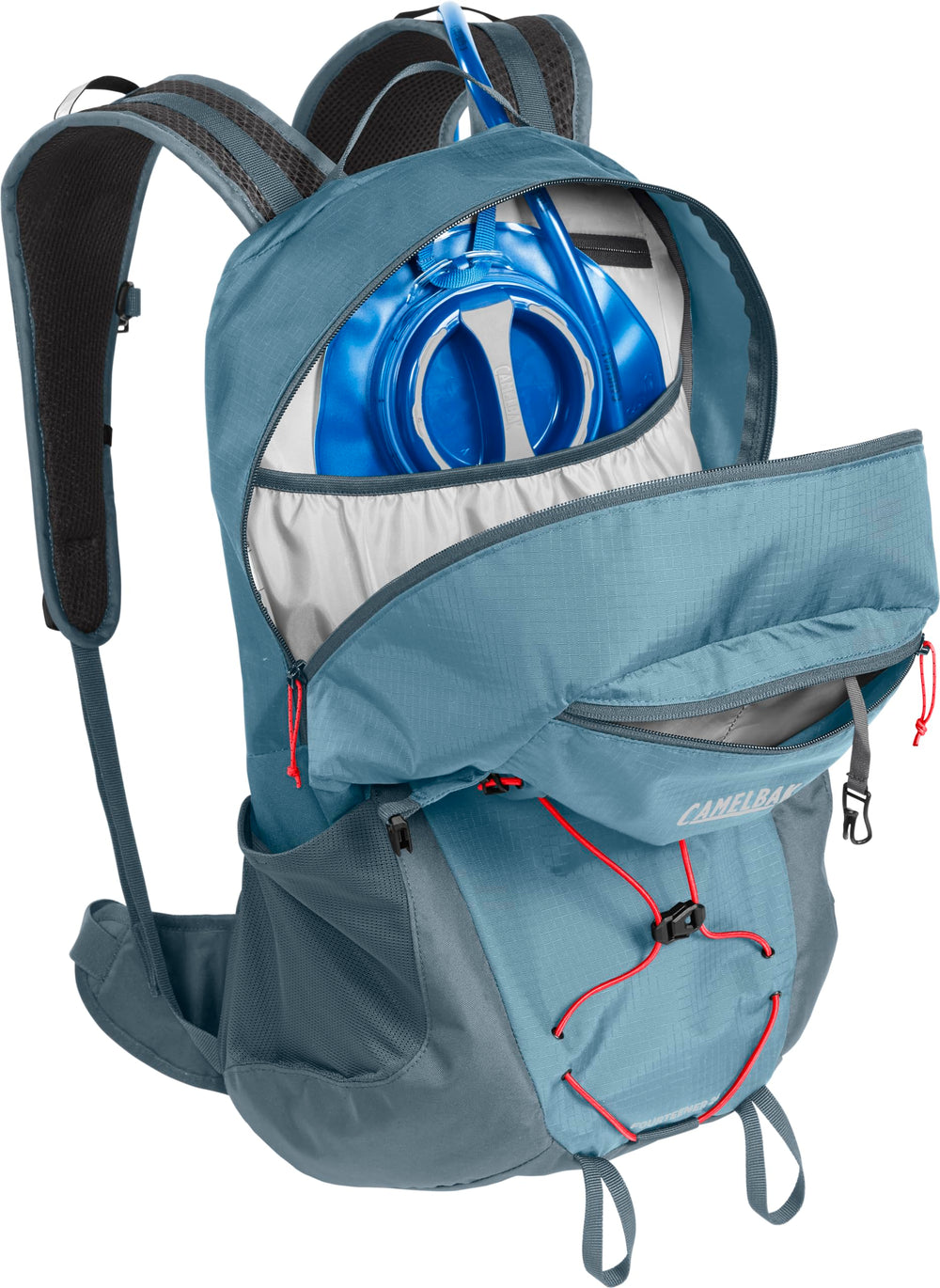 CamelBak Fourteener 24 front bungee system close-up secures bulky gear.