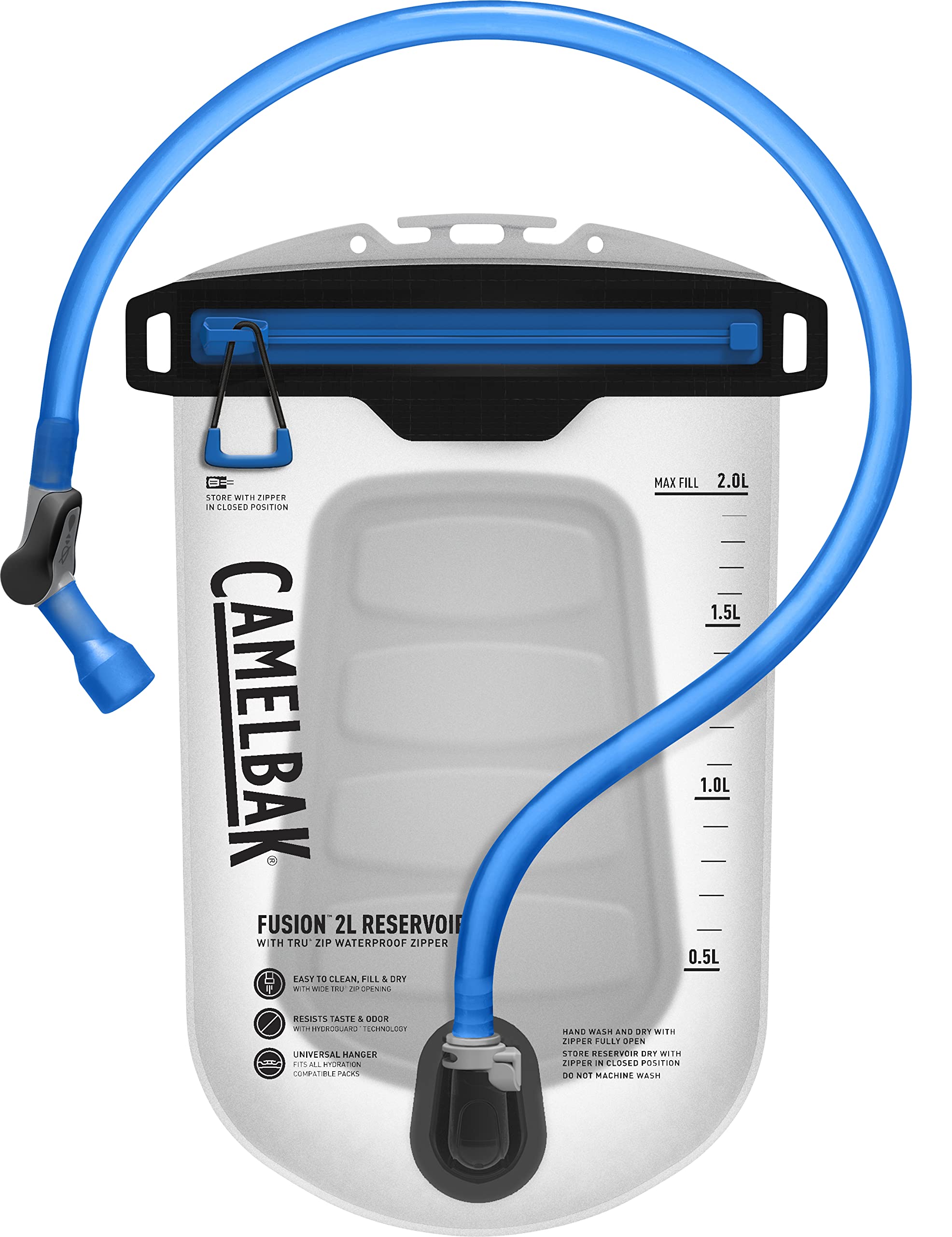 CamelBak Fusion reservoir with TRU Zip closeup, leak-proof closure for on-the-go hydration.