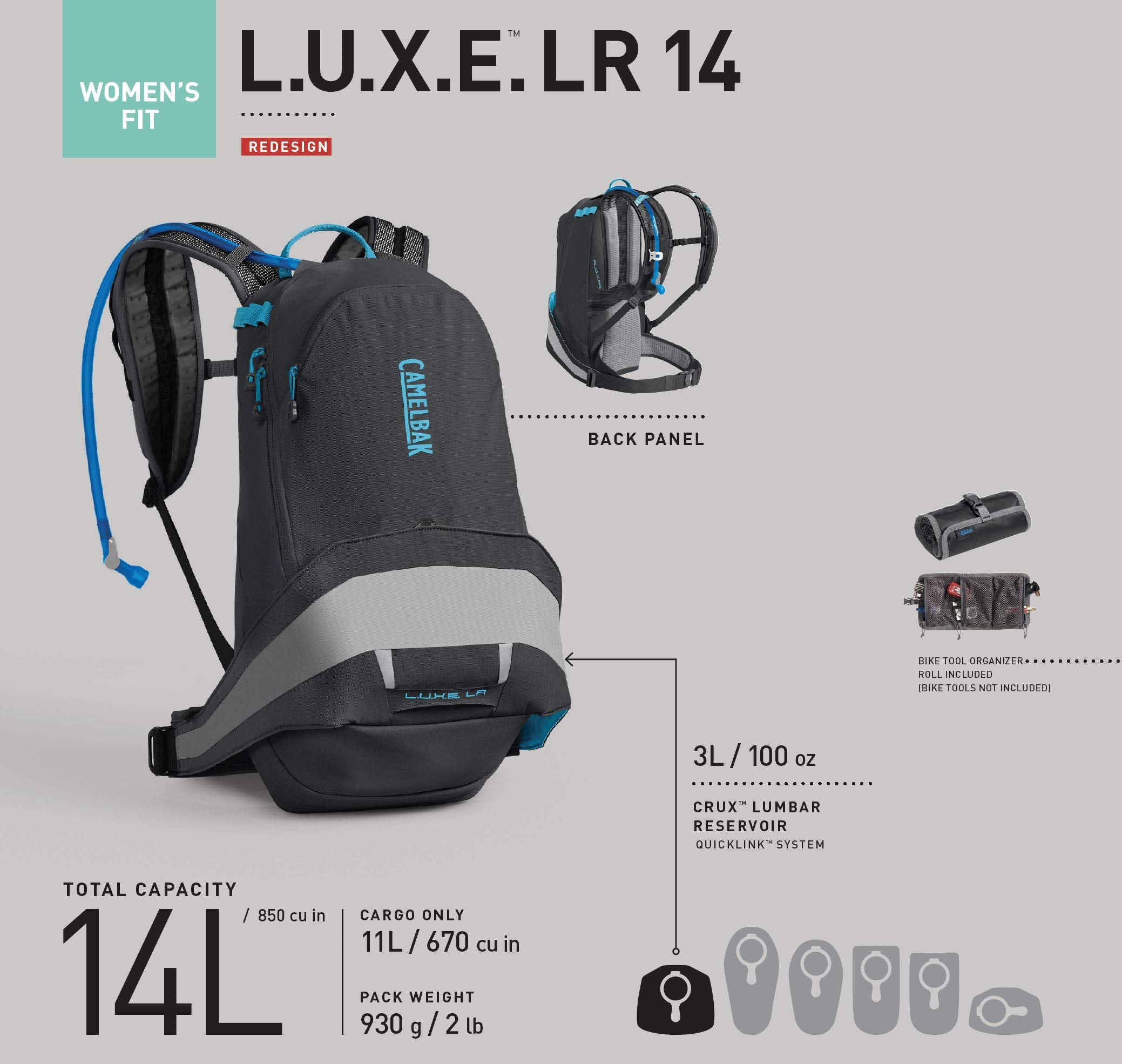 CamelBak L.U.X.E. LR14 multiple pockets arranged for gear separation.