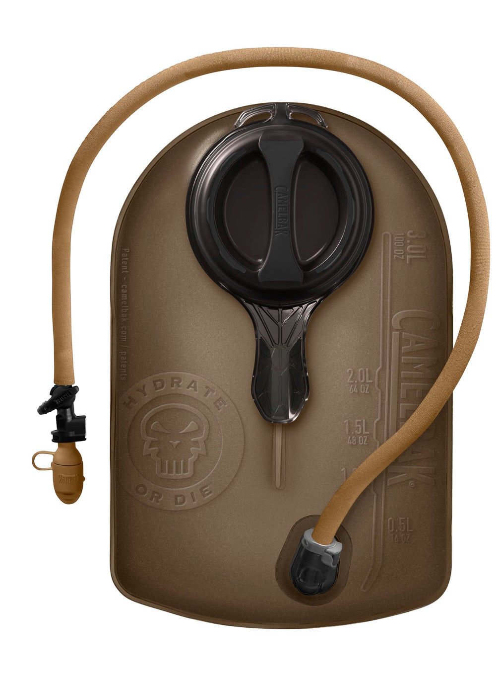 CamelBak Mil Spec Crux 100oz reservoir with brown cap enables high-flow hydration on rugged missions.