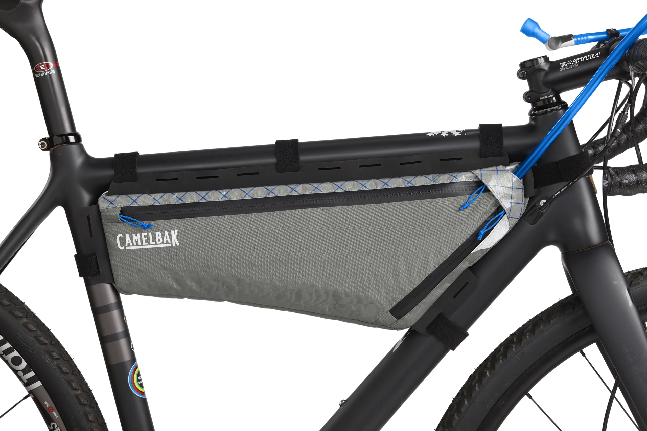 Bikefit-ready frame pack secures to triangle frames for a clean setup.