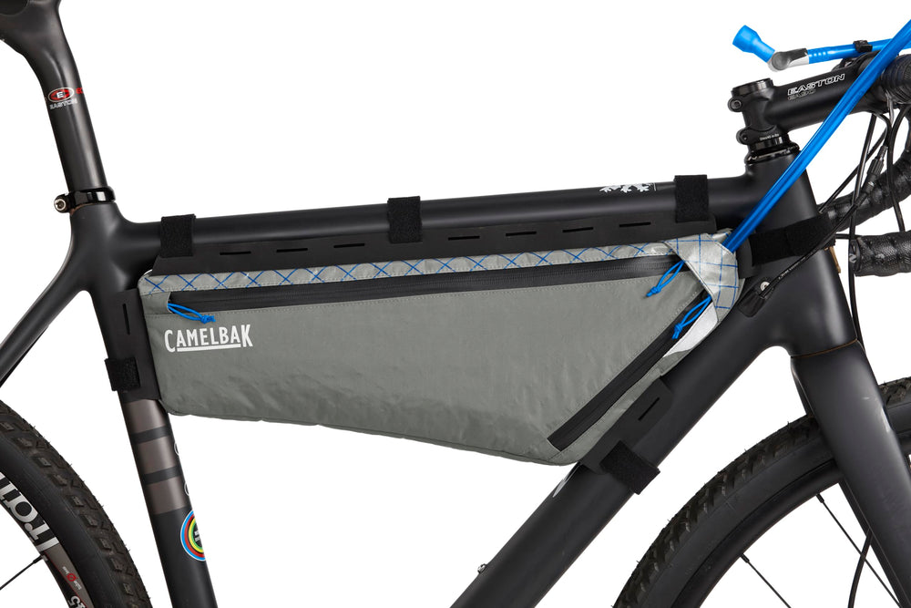 Bikefit-ready frame pack secures to triangle frames for a clean setup.