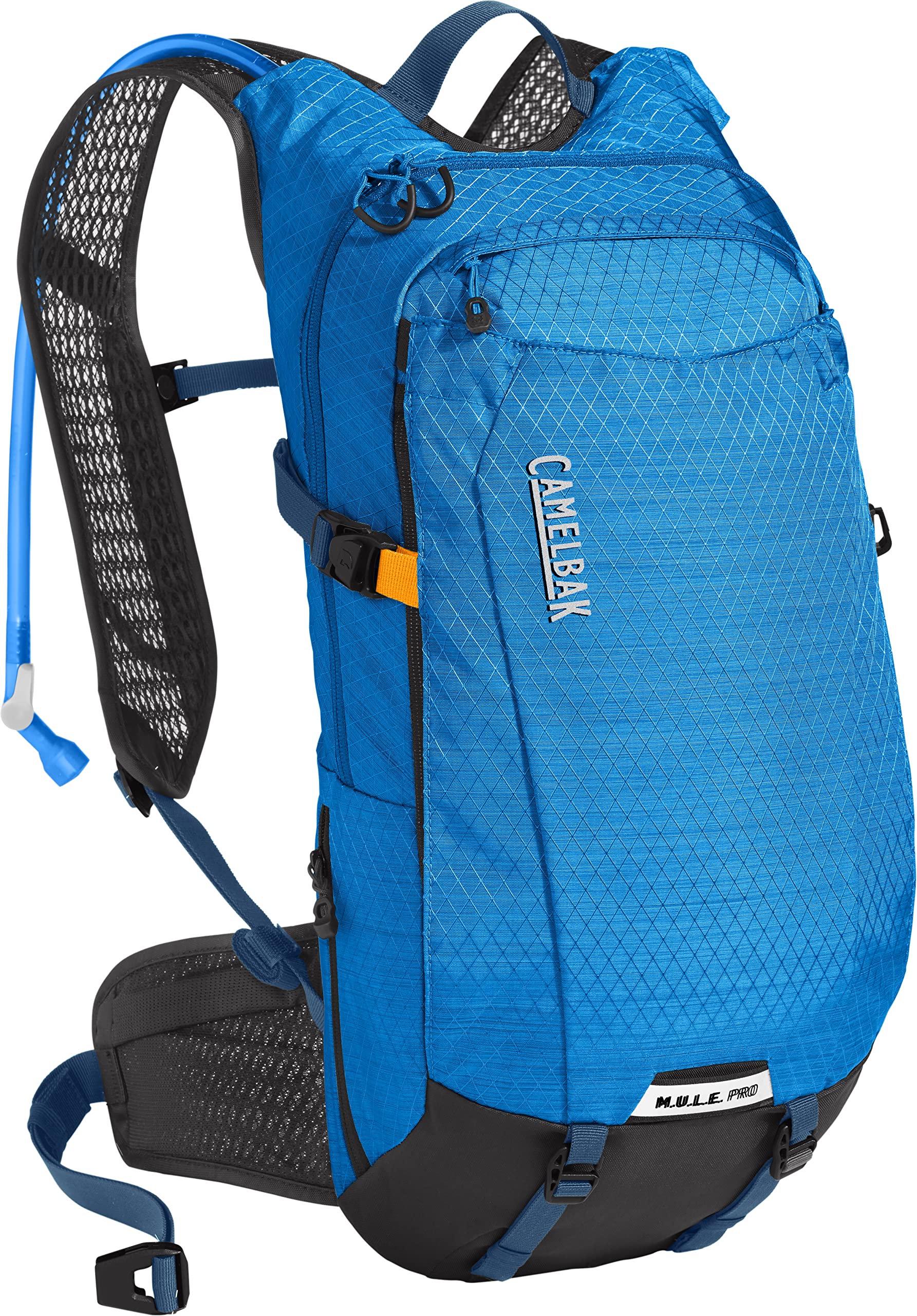 CamelBak M.U.L.E. Pro 14 backpack front view with Ibiza Blue/Orange finish