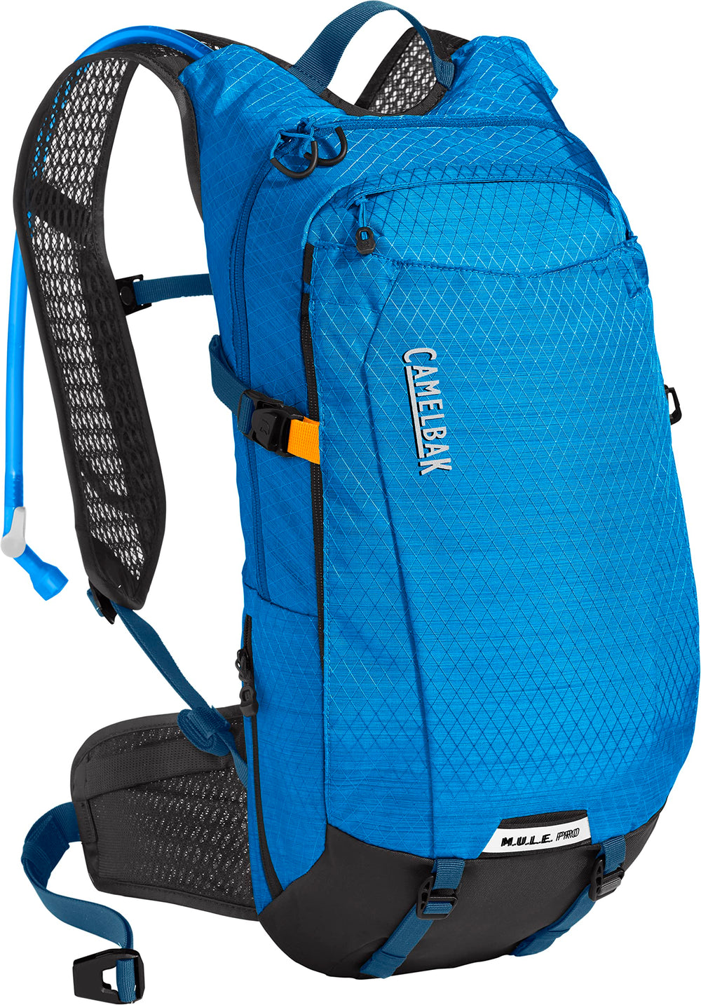 CamelBak M.U.L.E. Pro 14 backpack front view with Ibiza Blue/Orange finish