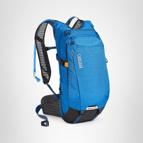 CamelBak M.U.L.E. Pro 14 Ibiza Blue/Orange colorway on trails
