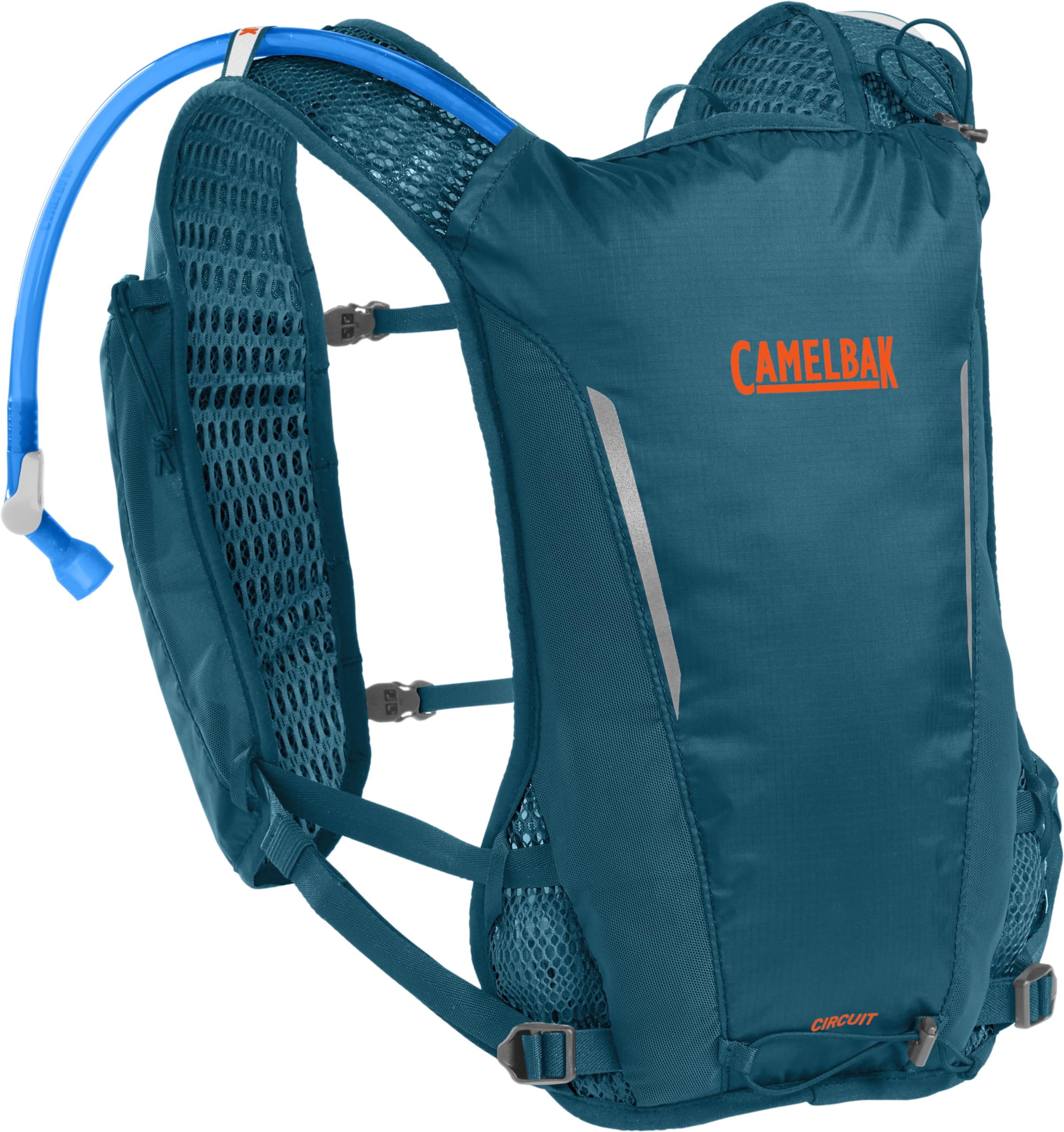 CamelBak Trail Run Vest front view showing Corsair Teal color and breathable mesh for hot-weather runs.