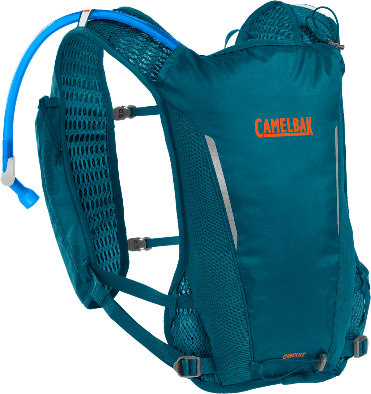 CamelBak Trail Run Vest front view showing Corsair Teal color and breathable mesh for hot-weather runs.