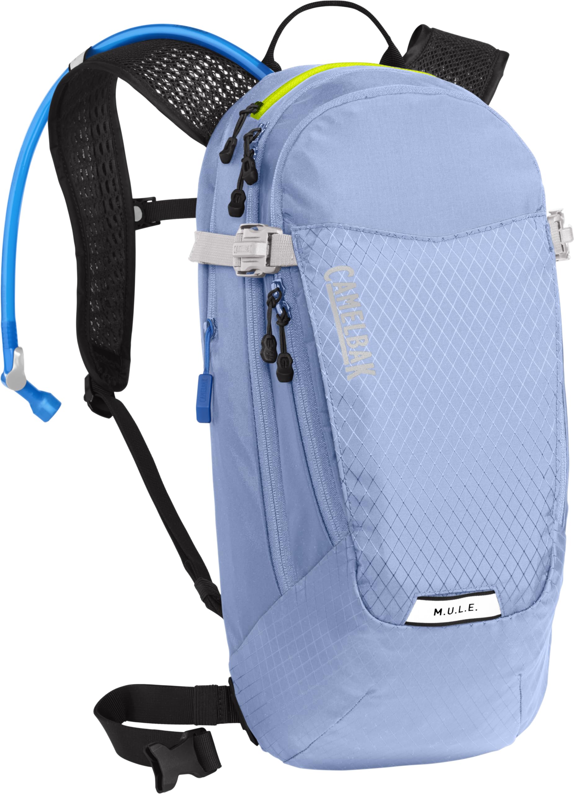 CamelBak Women's M.U.L.E. 12 front view in Serenity Blue showing fit for stability