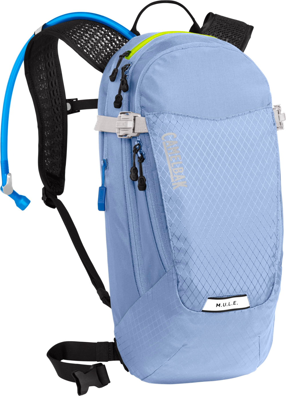 CamelBak Women's M.U.L.E. 12 front view in Serenity Blue showing fit for stability