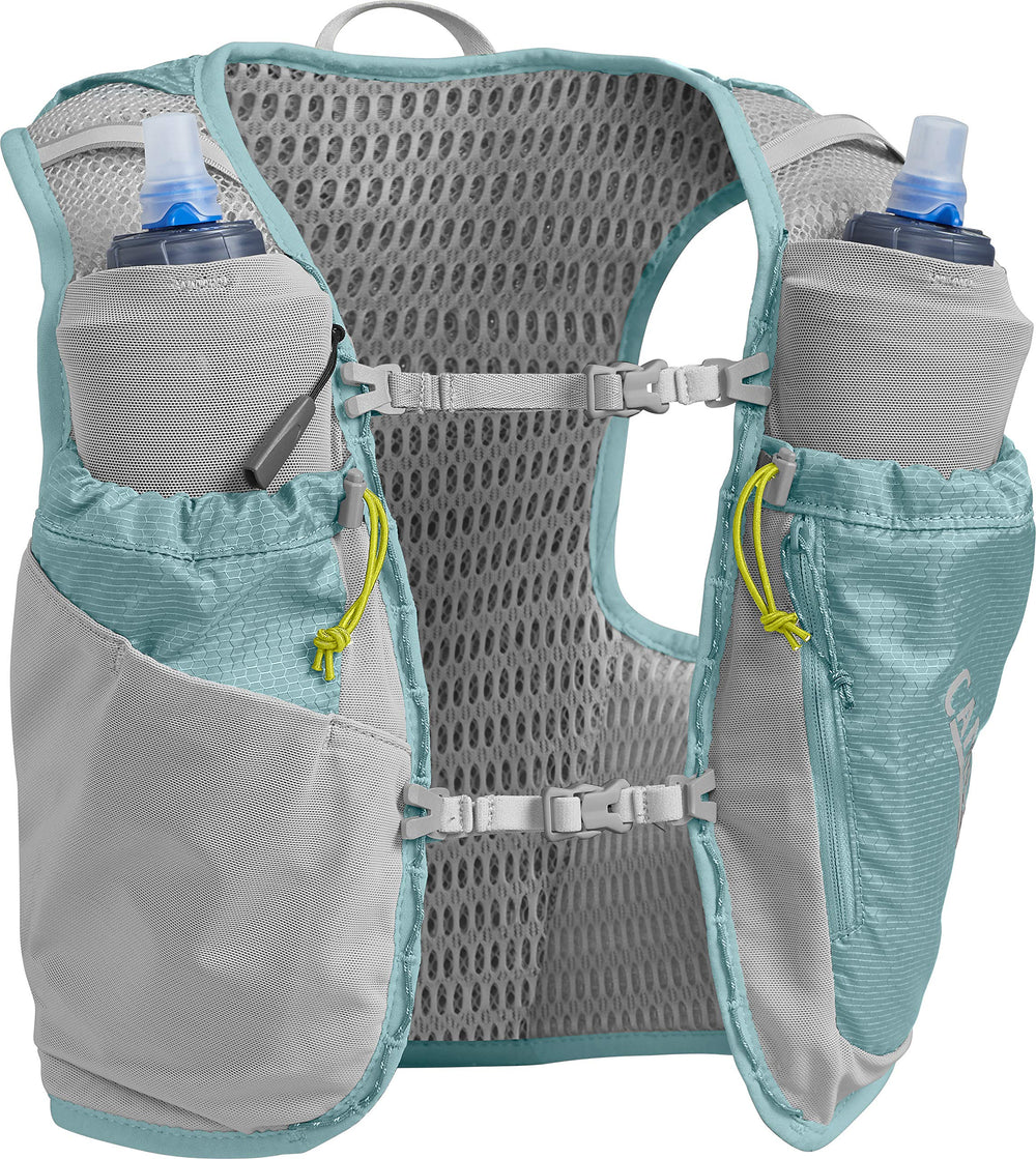 CamelBak Women's Ultra Pro Hydration Vest 34oz back view shows expandable pockets for layers.