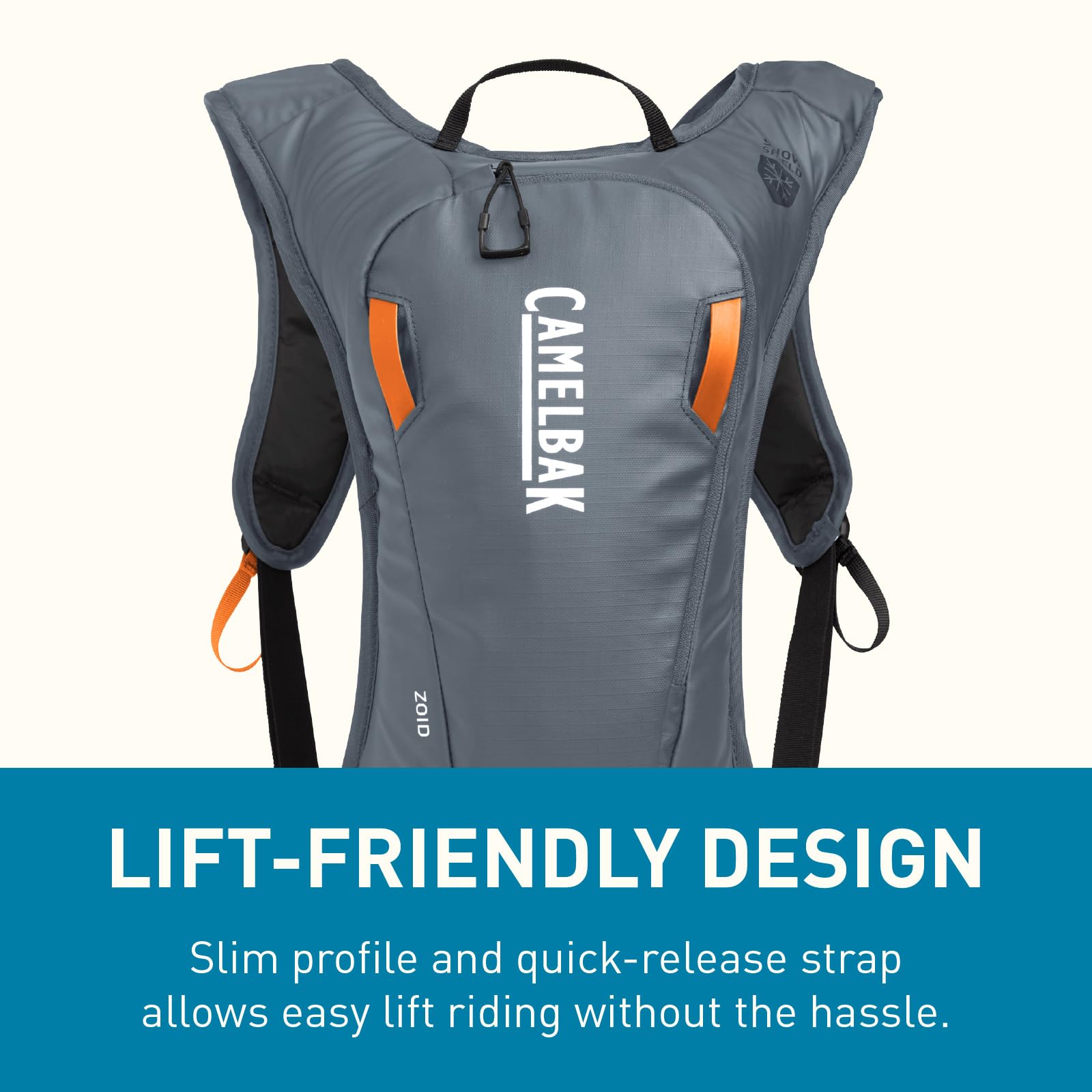 CamelBak Zoid Snow Shield fabric repels snow to protect gear.