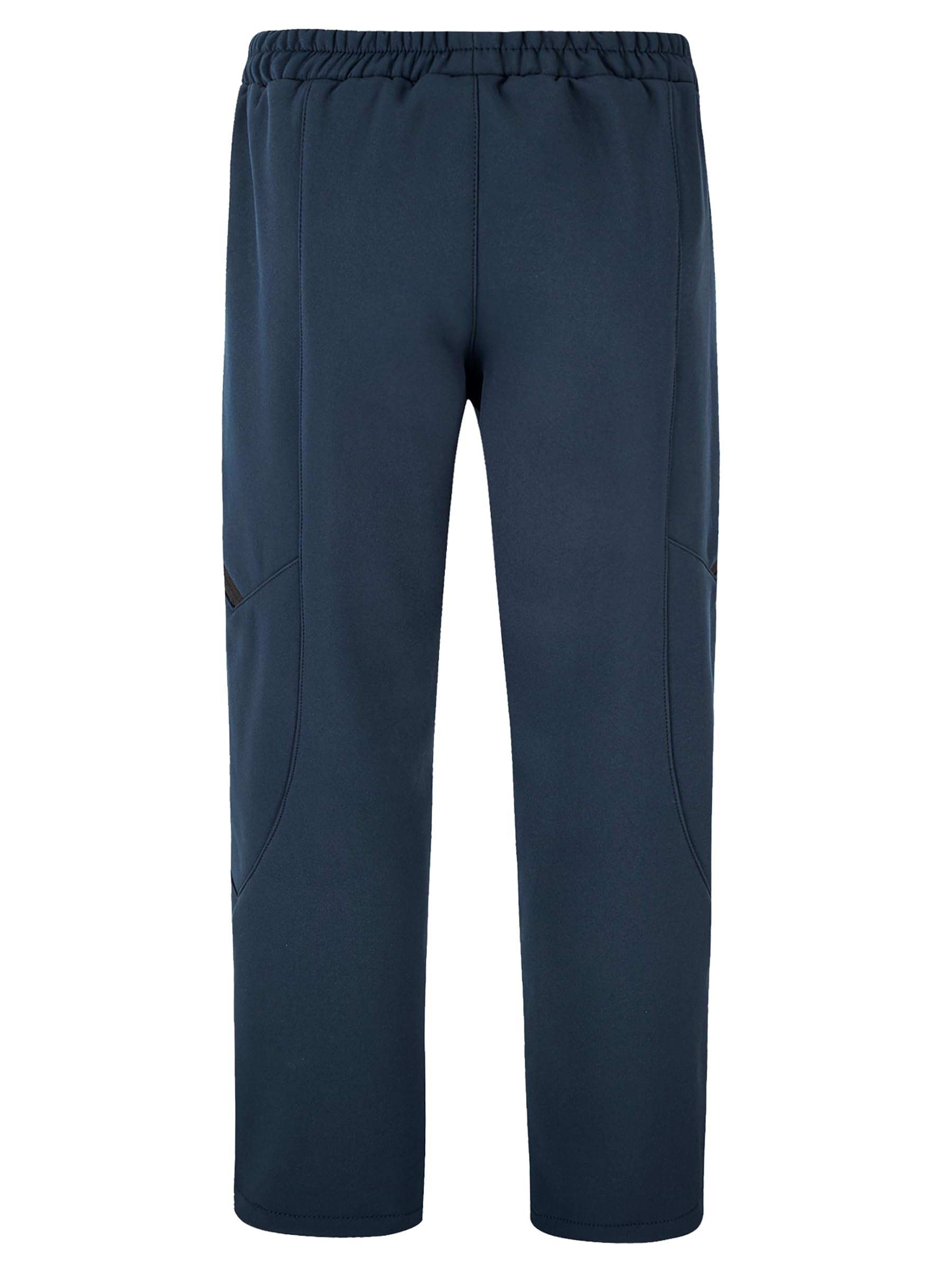 CAMLAKEE kids waterproof hiking pants navy side pocket view highlighting secure storage on snowy trails.