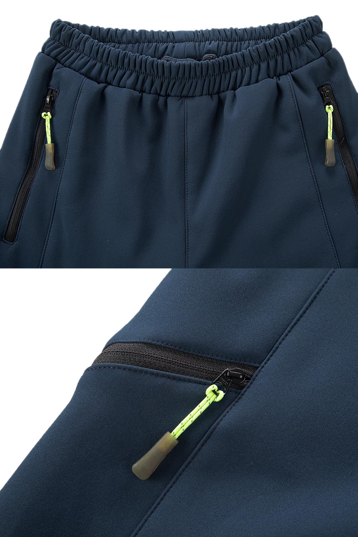CAMLAKEE kids waterproof hiking pants navy interior fleece lining for cozy warmth on chilly hikes.