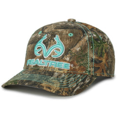 Camo Chique Realtree RT Edge teal cap front view with 3D antler embroidery for outdoor style