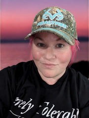 Camo Chique teal cap close-up of adjustable buckle for secure fit