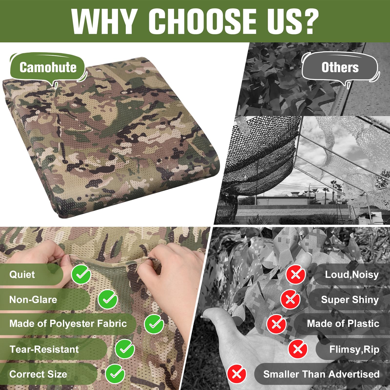 Camohute camo-netting versatility supports hides, photography backdrops, and prop concealment.