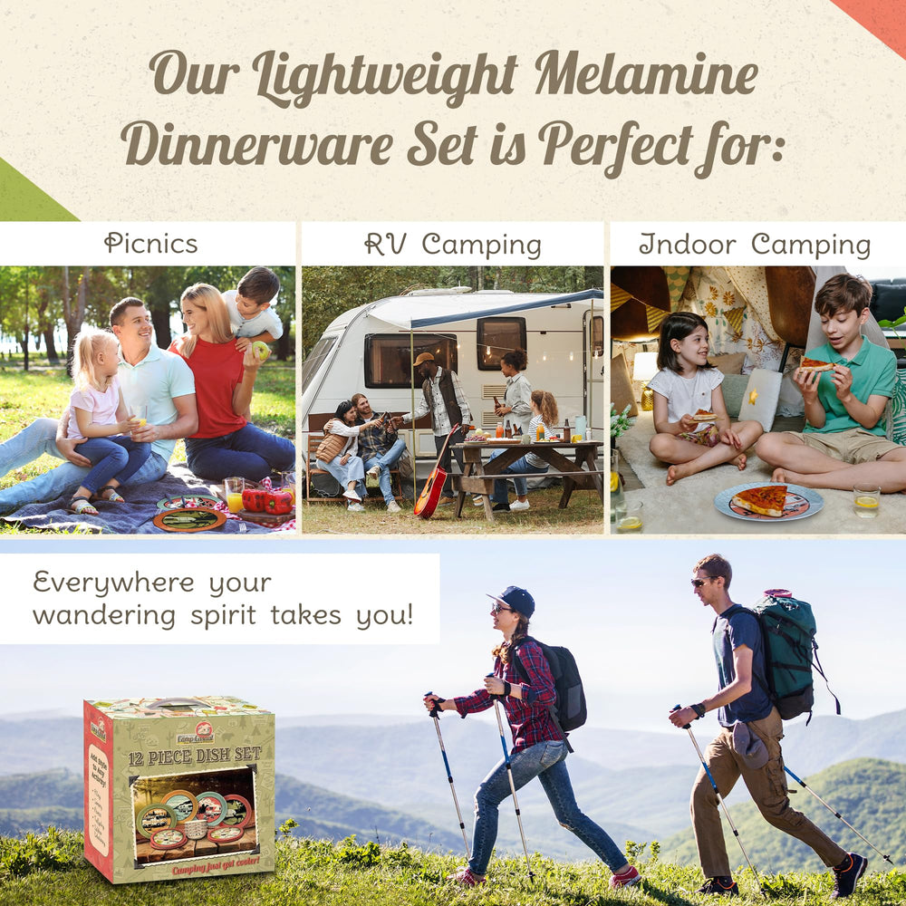 Camp Casual 12-piece melamine dish set in reusable box with handle.