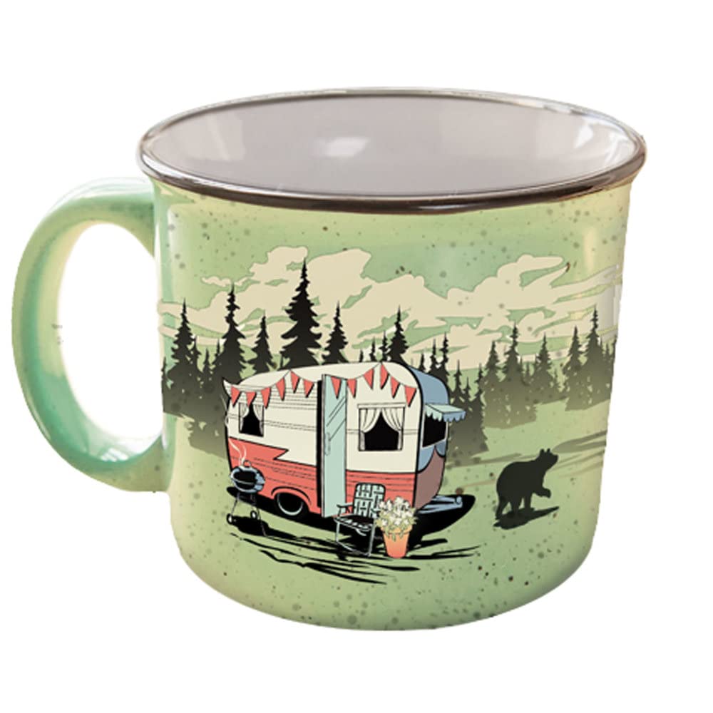 Camp Casual ceramic mug with retro camping design, ideal for hot coffee by the campfire
