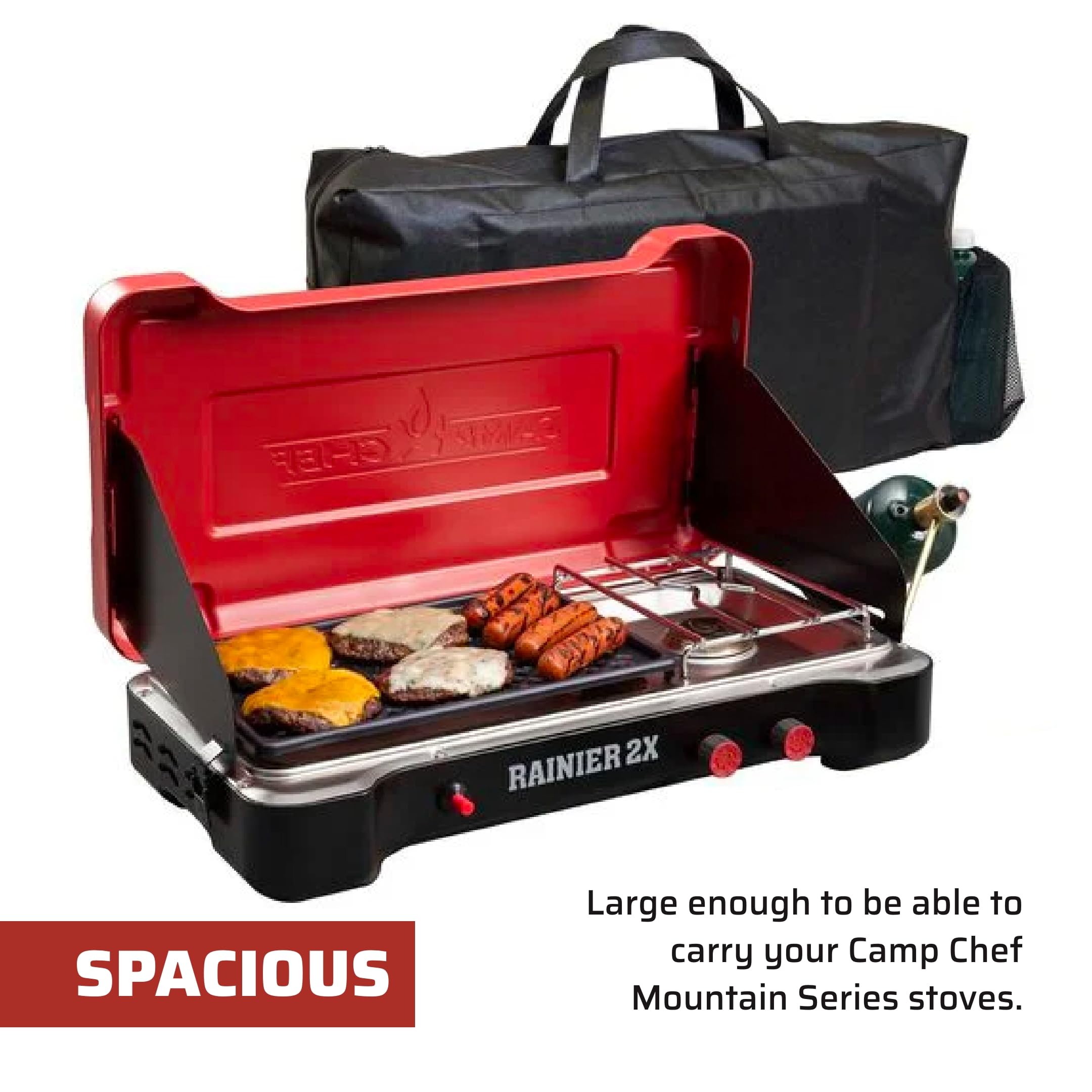 Camp Chef carry bag includes propane bottle pocket for convenient, organized stowage.