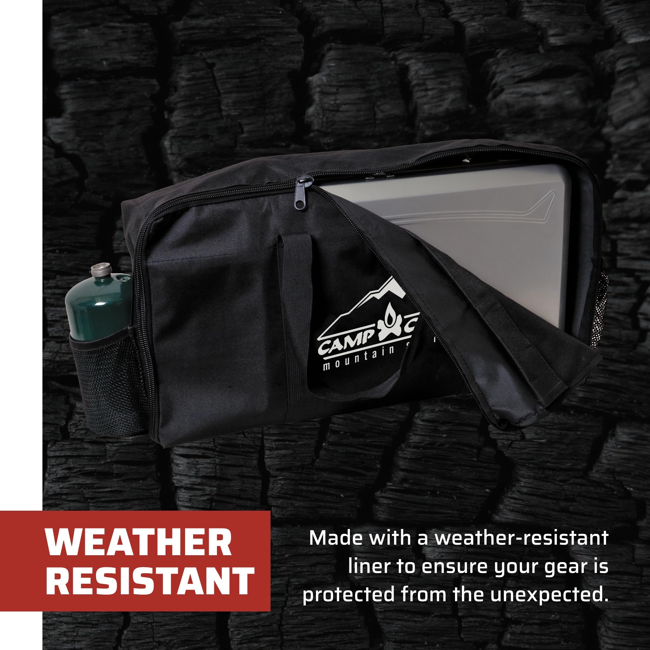 Camp Chef carry bag with sturdy shoulder strap supports comfortable carrying on trails.