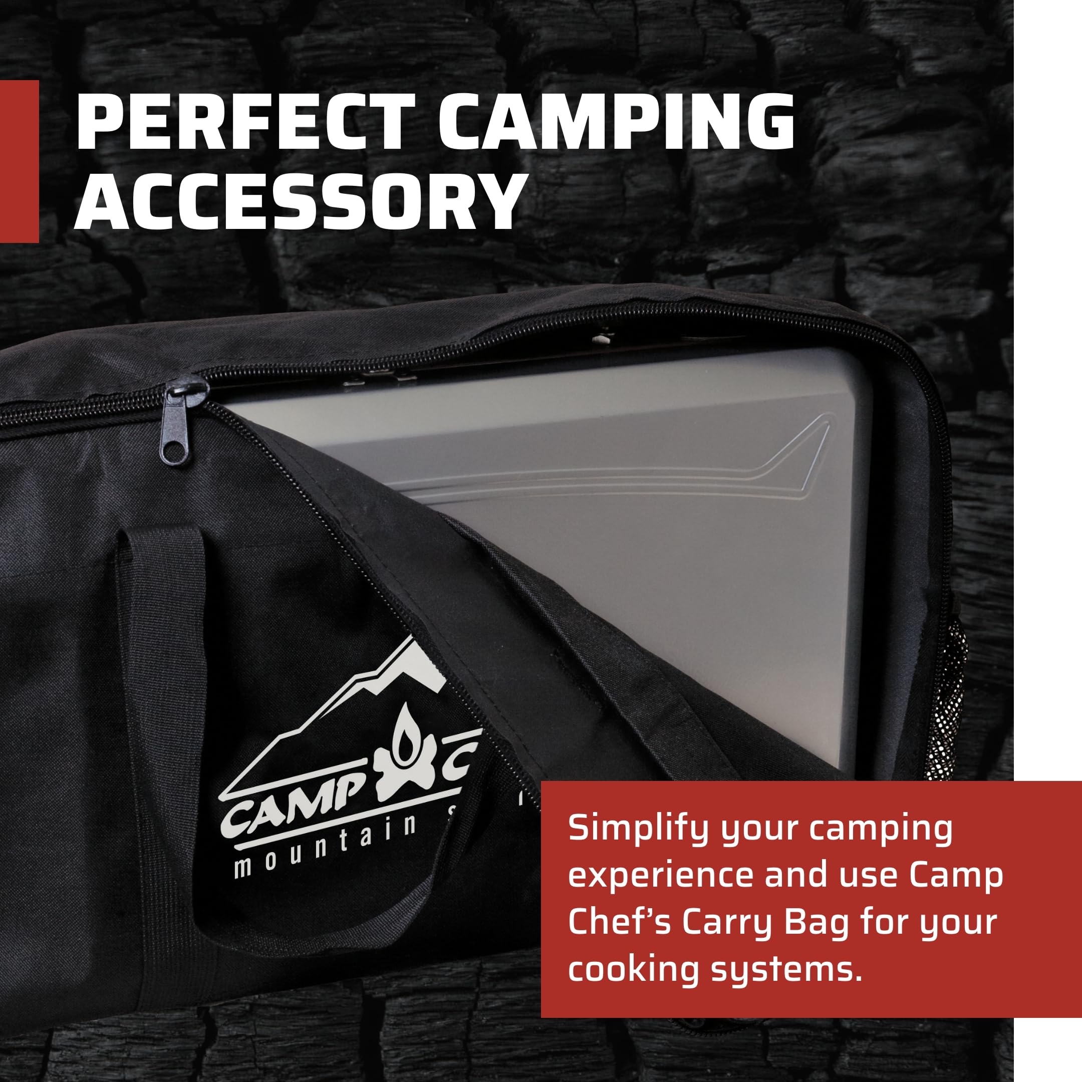 Camp Chef carry bag is water-resistant to shield gear from dew, rain, and splashes.