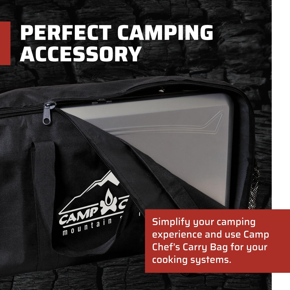 Camp Chef carry bag is water-resistant to shield gear from dew, rain, and splashes.