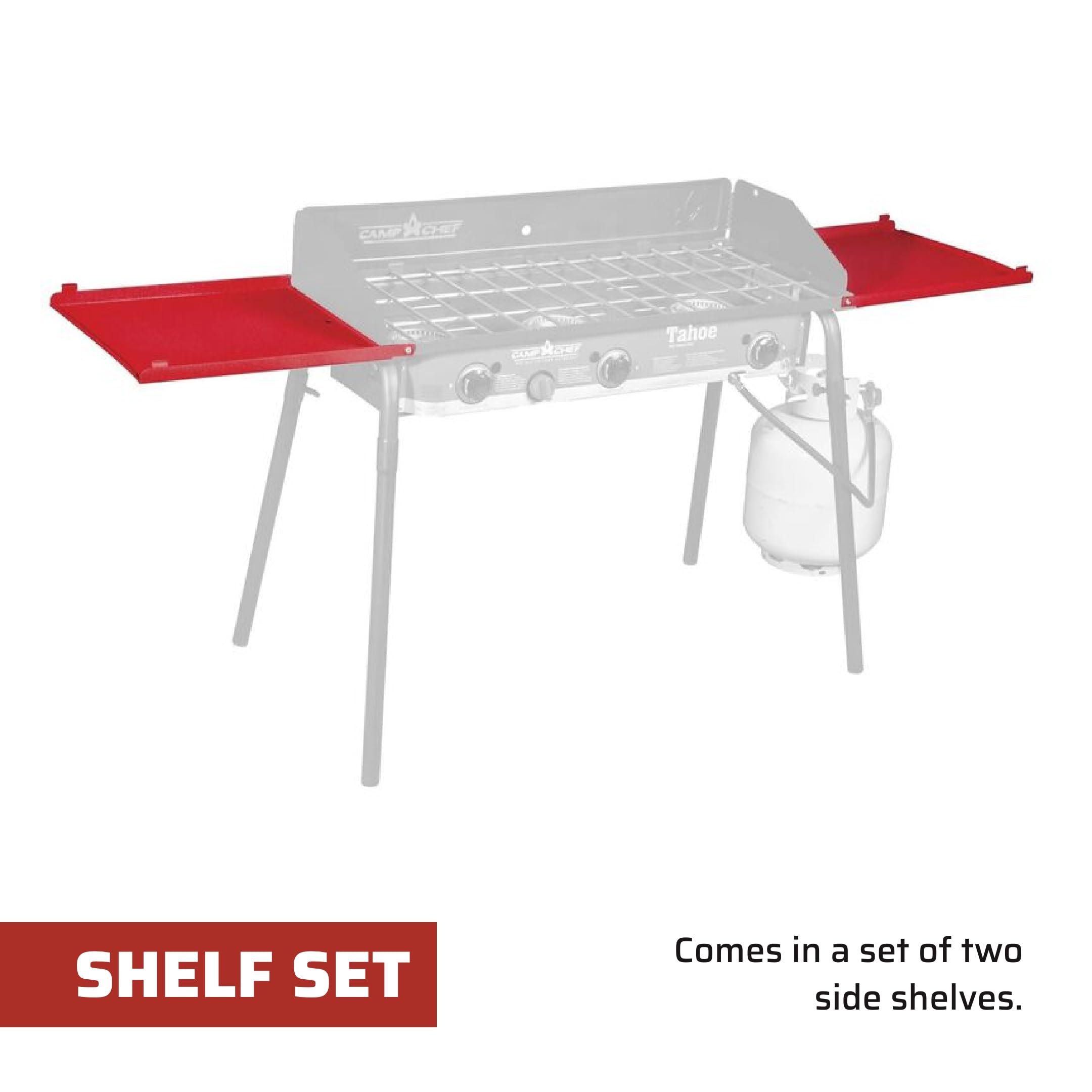 Camp Chef LS60P compact shelves help organize gear during camping
