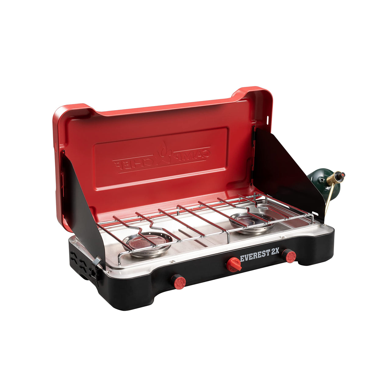 Camp Chef Everest 2X burners in action delivering high heat for quick camping meals.