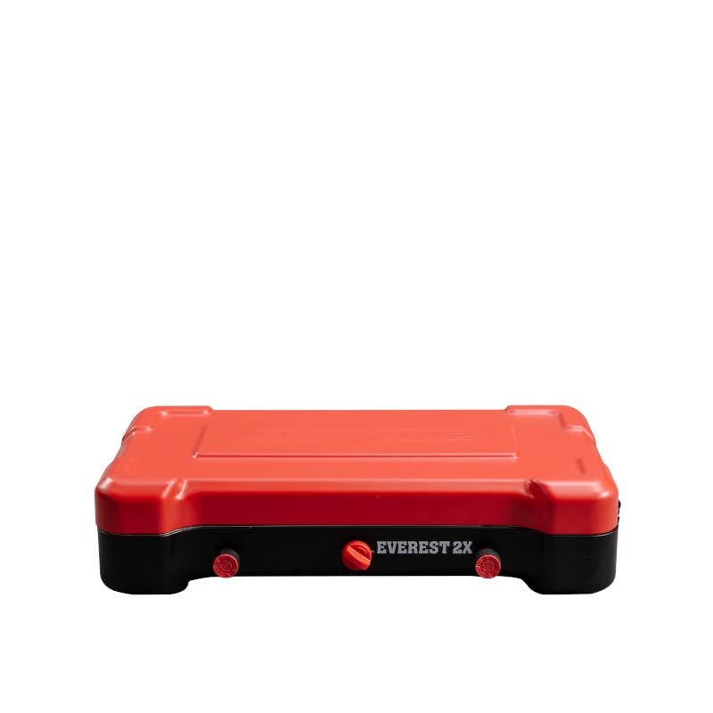 Camp Chef Everest 2X cooking surface 215 sq in supports two skillets.
