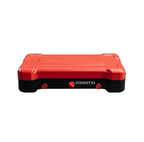 Camp Chef Everest 2X propane adapter fits 1-lb cylinders for convenient fueling.