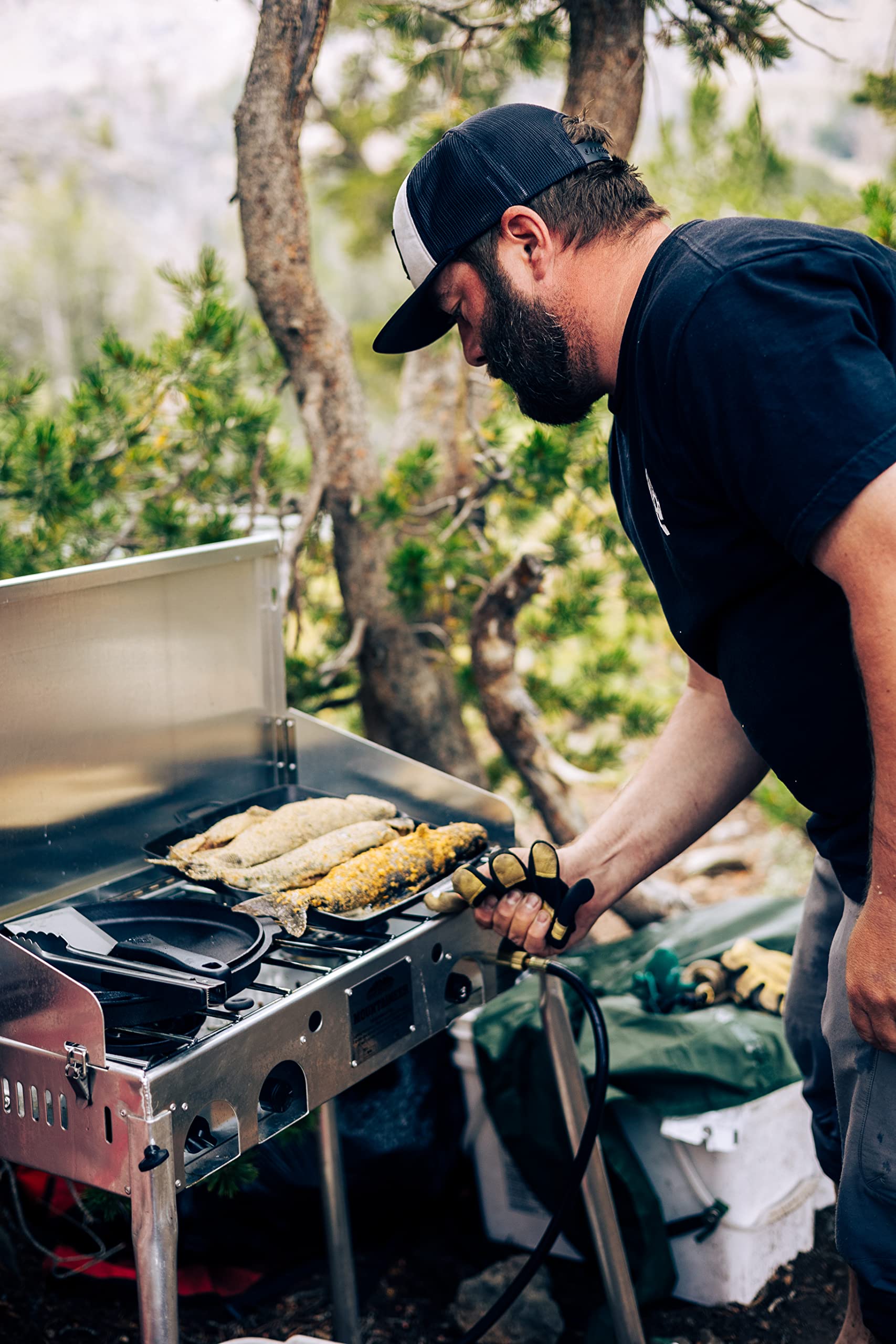 Camp Chef Mountaineer aluminum body keeps the setup light for trips.