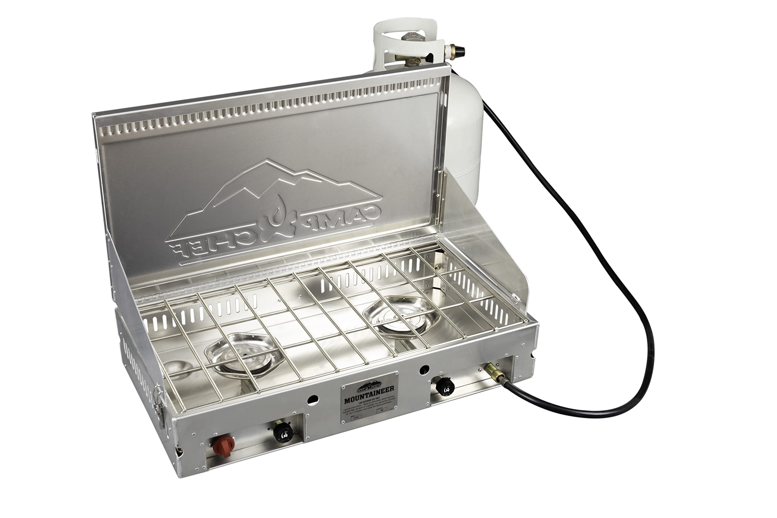 Camp Chef Mountaineer windscreen shields flames in gusty winds for steady cooking.