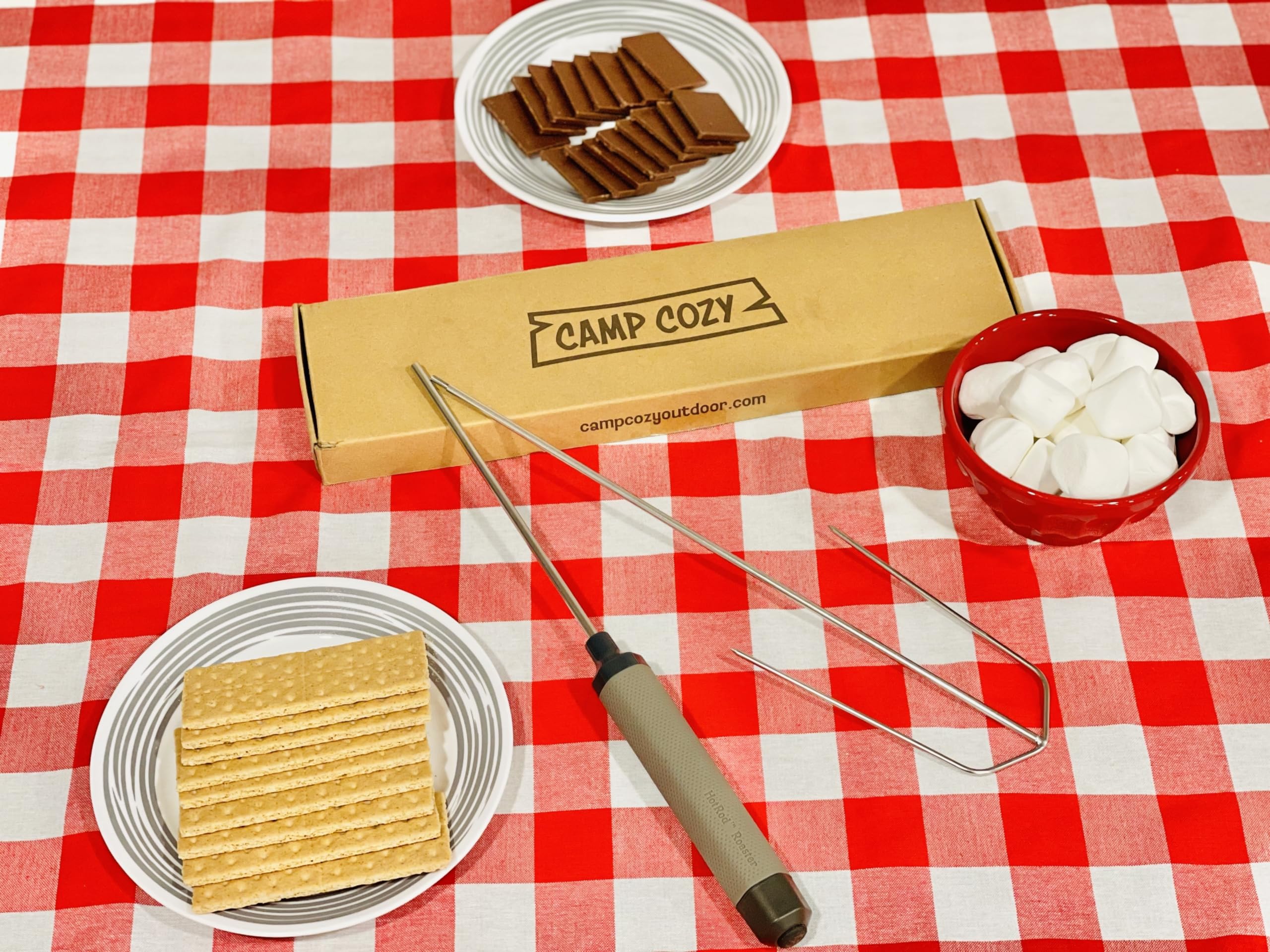 Camp Cozy hot dog s'more roasting setup suits family gatherings.