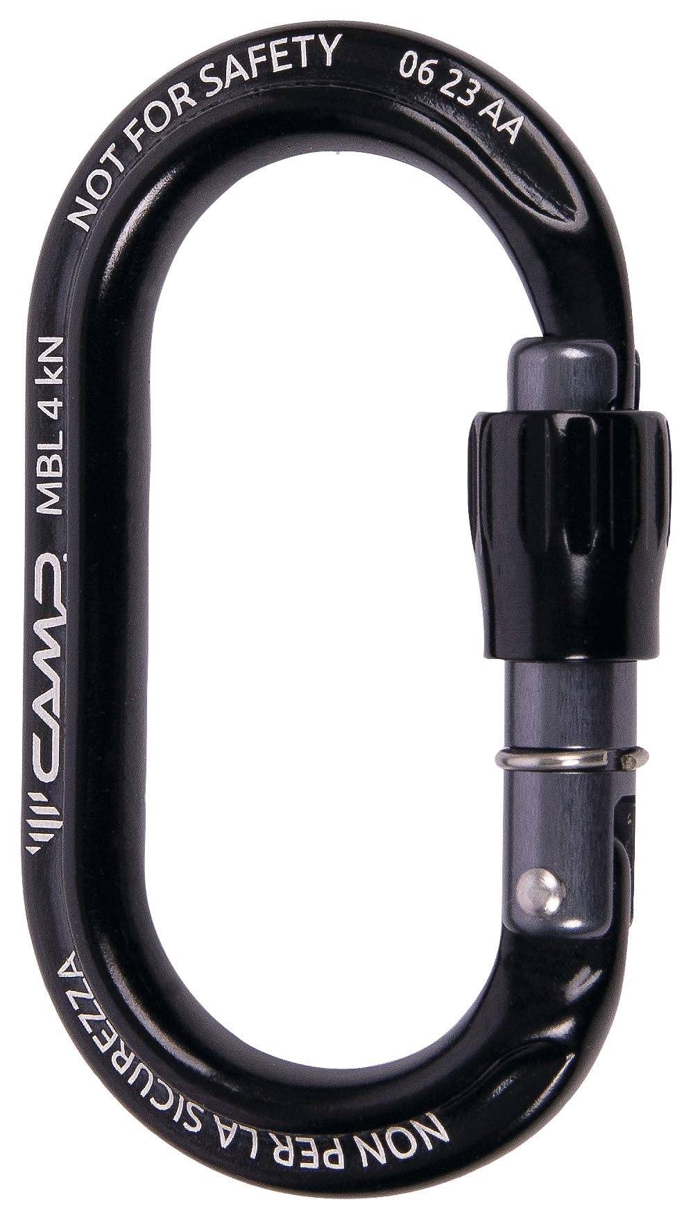 CAMP Ekto Lock black screw-cap carabiner for quick access and organization.