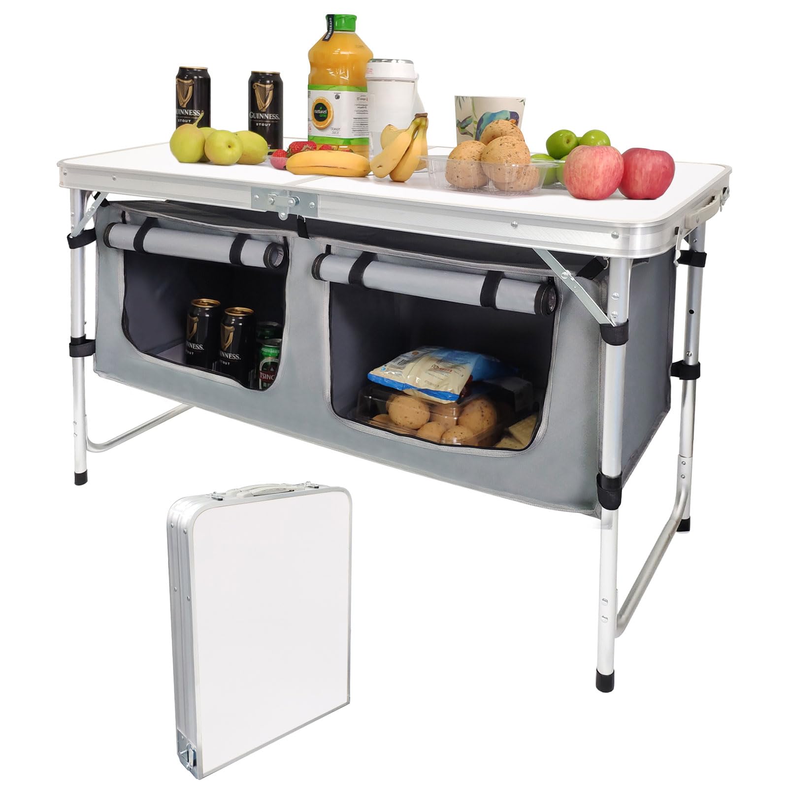 Camp Field folding table white, assembled for outdoor dining.