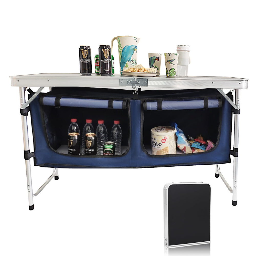 Camp Field folding aluminum table folded compact for travel.