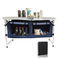 Camp Field folding aluminum table folded compact for travel.