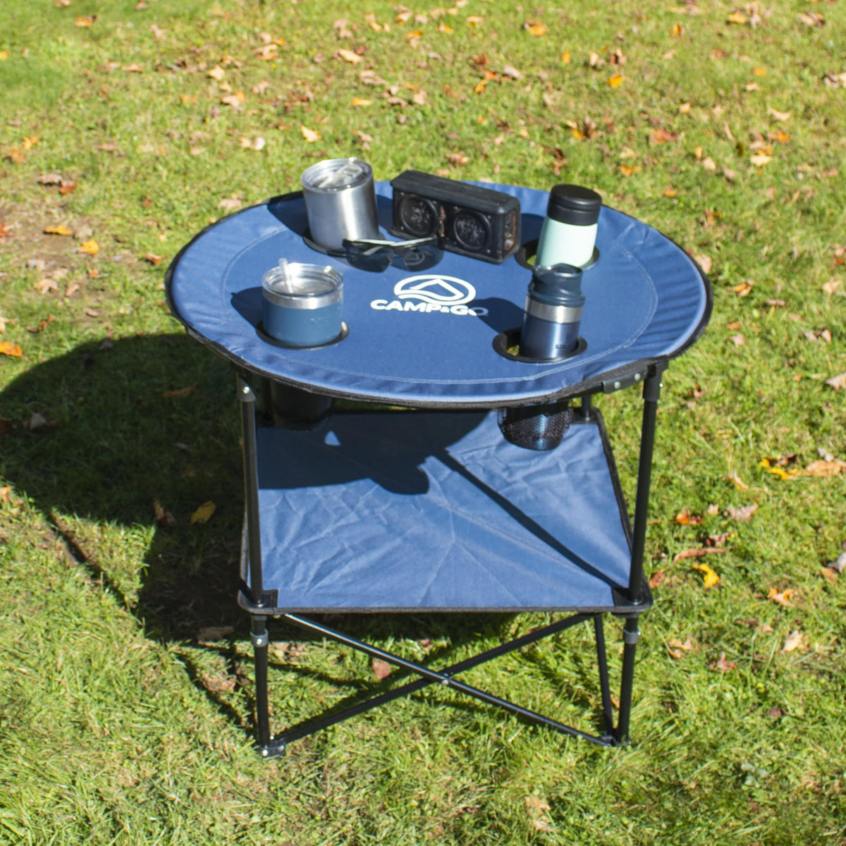 CAMP&GO round portable table top provides stable surface for snacks and drinks outdoors