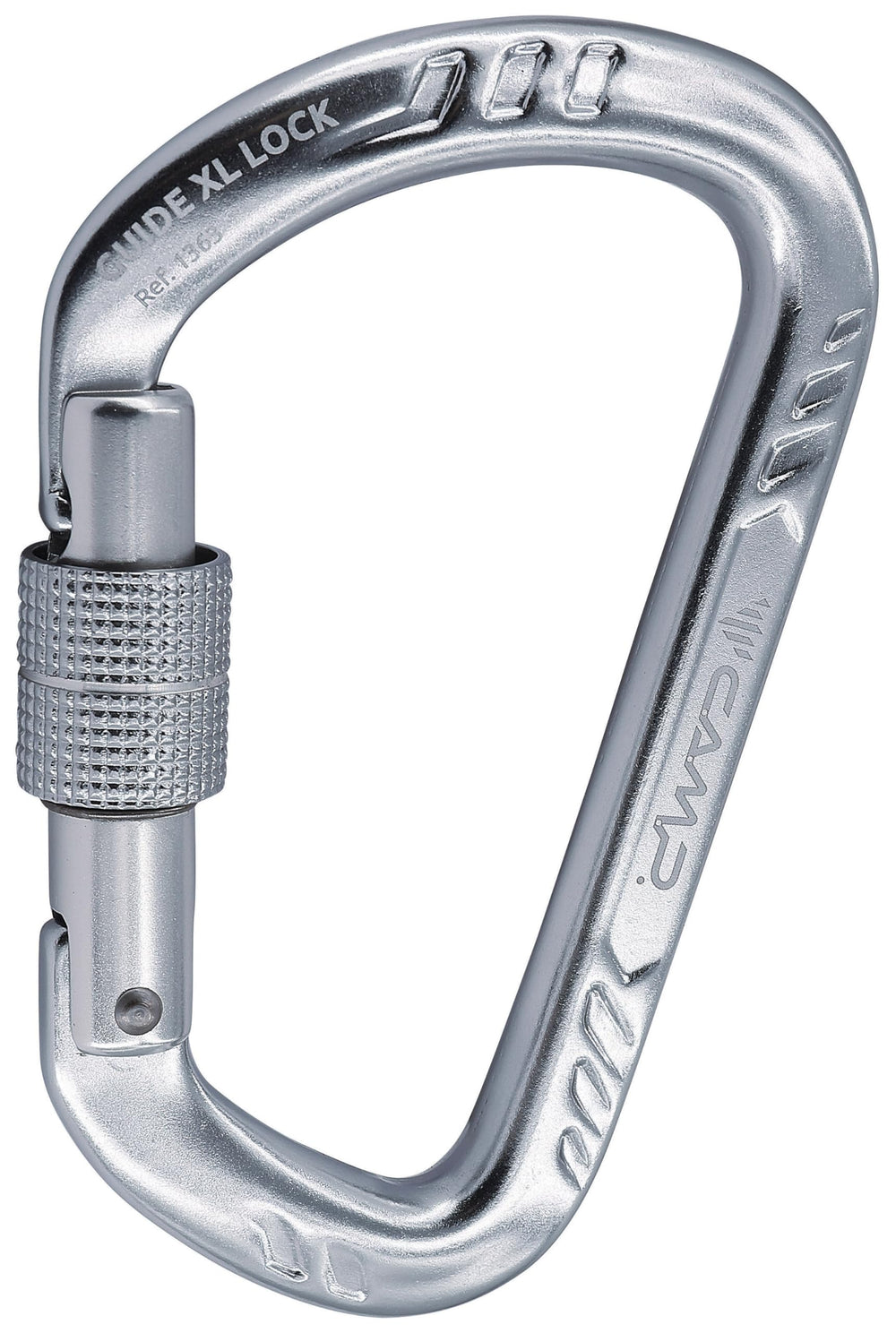 Camp Guide XL lock carabiner in silver with a large gate for quick clipping and secure anchors