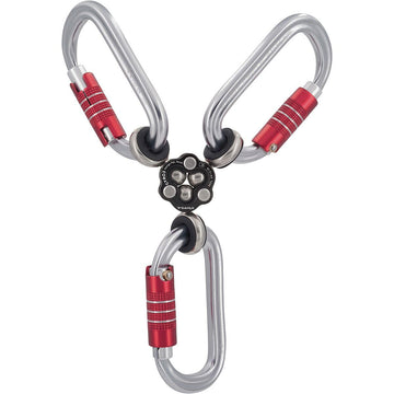CAMP Gyro safety rigging system harness-attachment shows multiple secure connections.