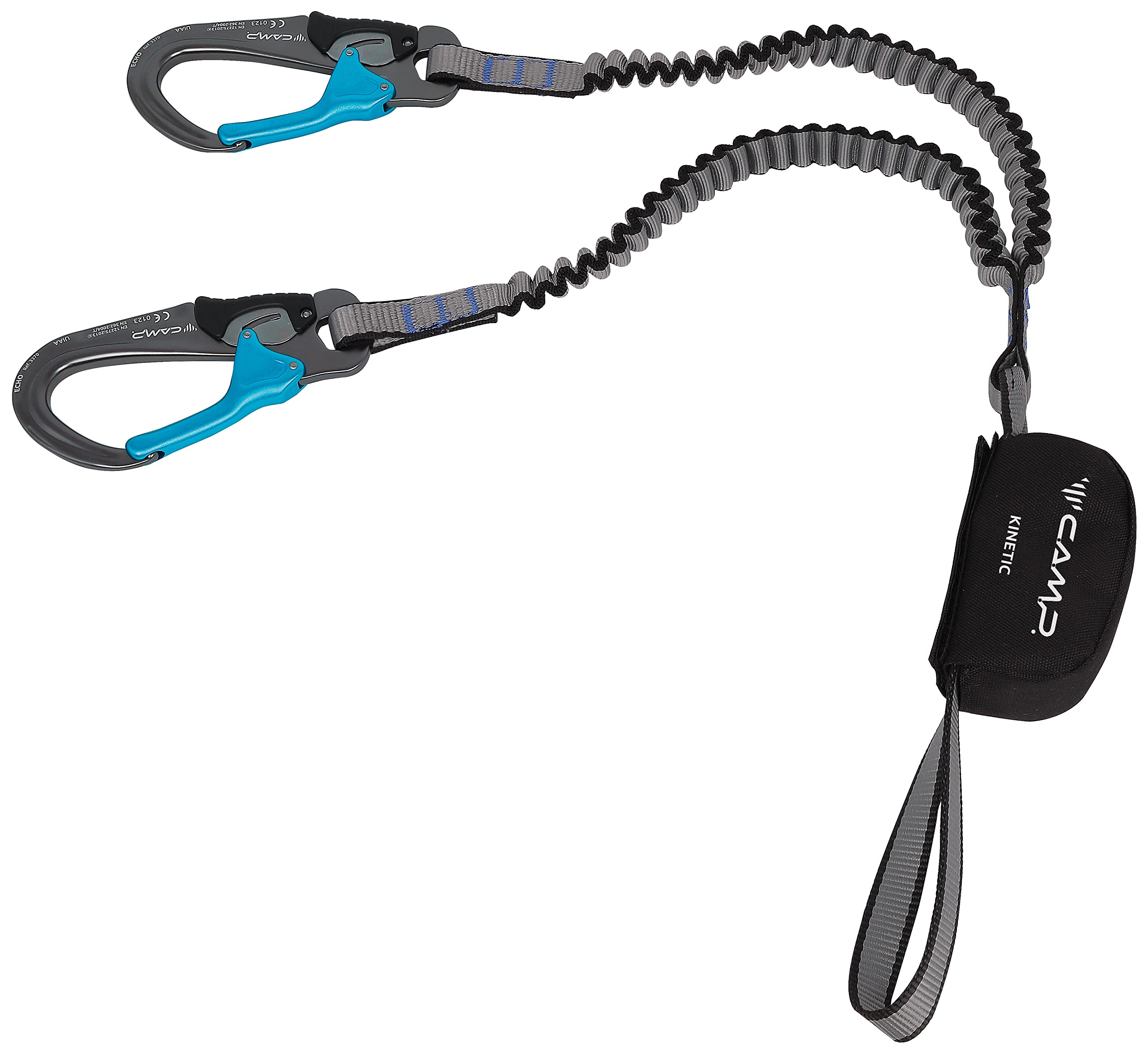 C.A.M.P. Kinetic Rewind Pro Ferrata Set front view, ergonomic Echo carabiners for easy anchoring