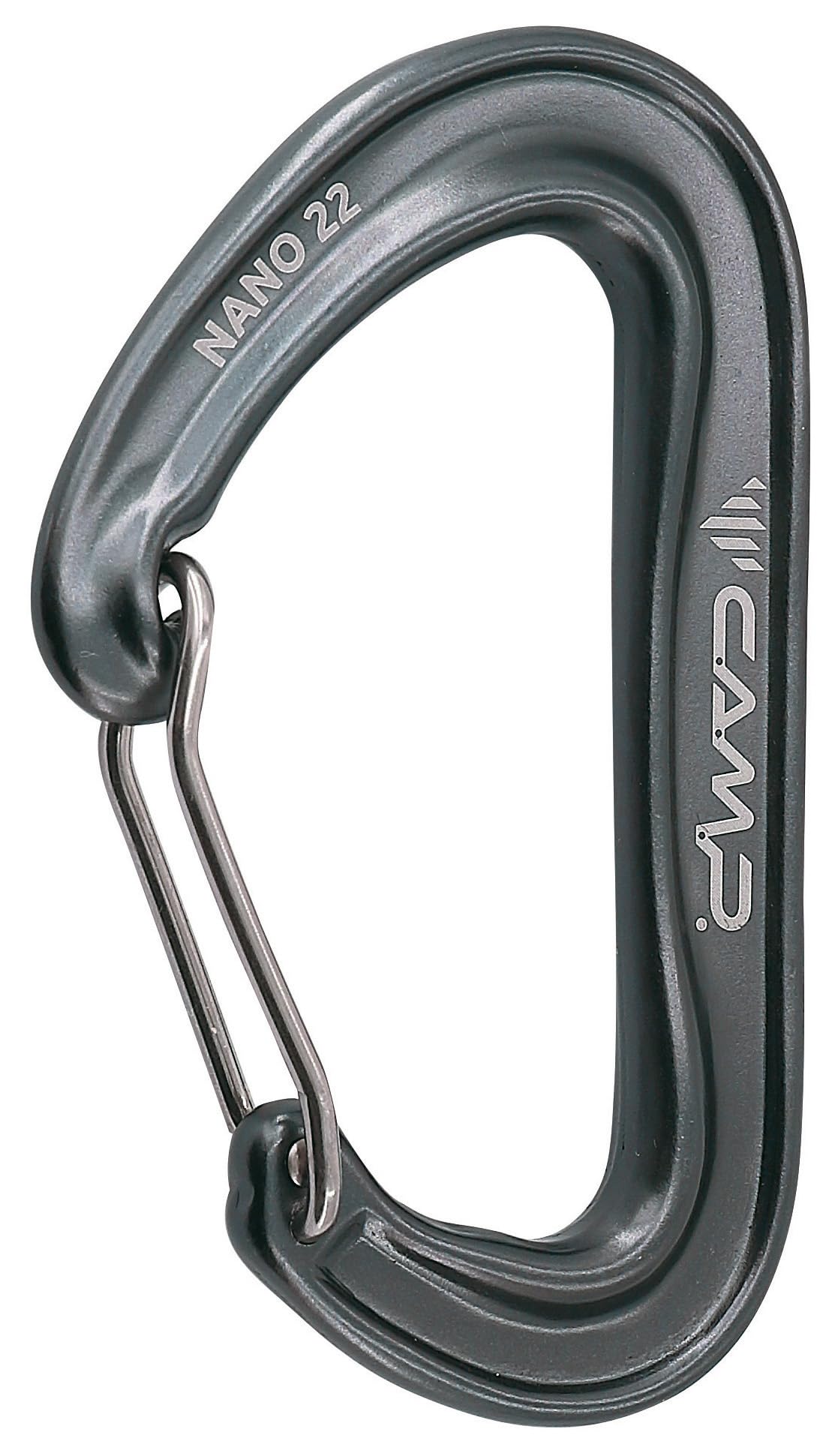CAMP Nano 22 carabiner gun metal showing compact design and lightweight rope handling.