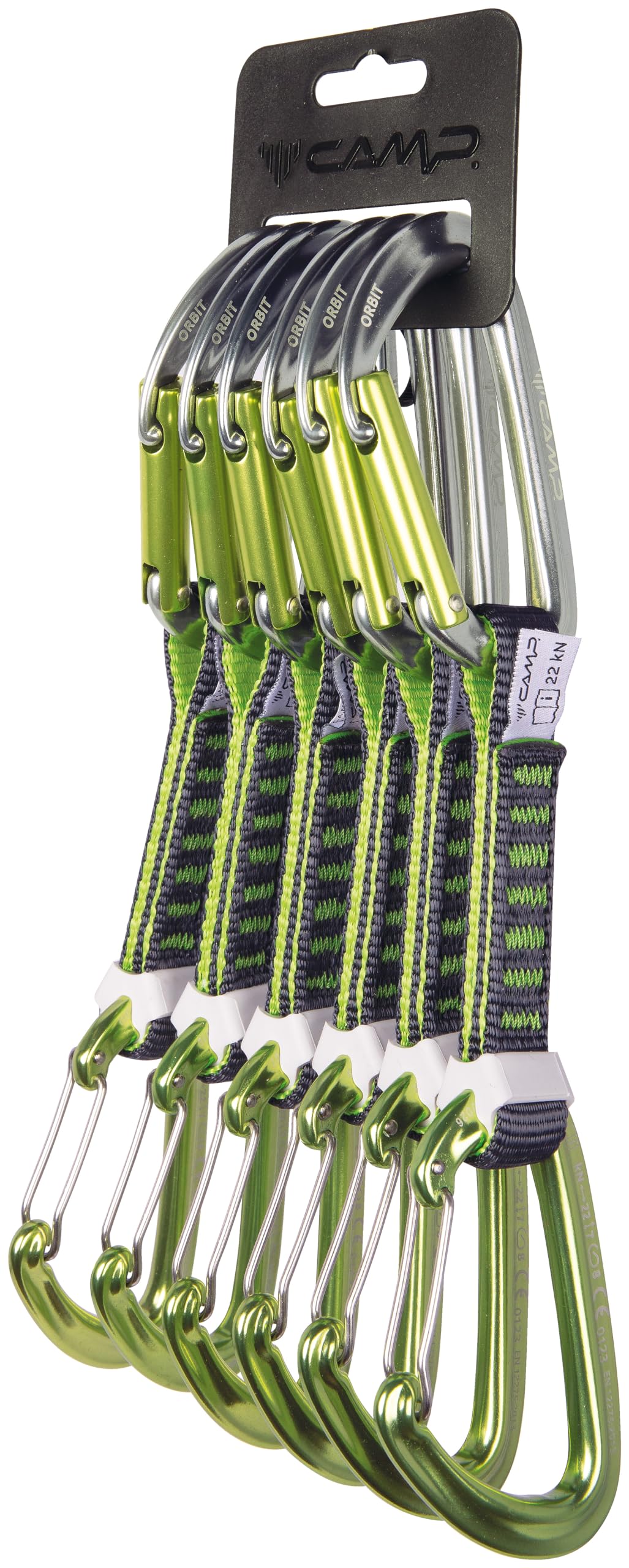 CAMP Orbit Express KS set of six 12 cm slings with Orbit carabiners for sport and trad climbing.