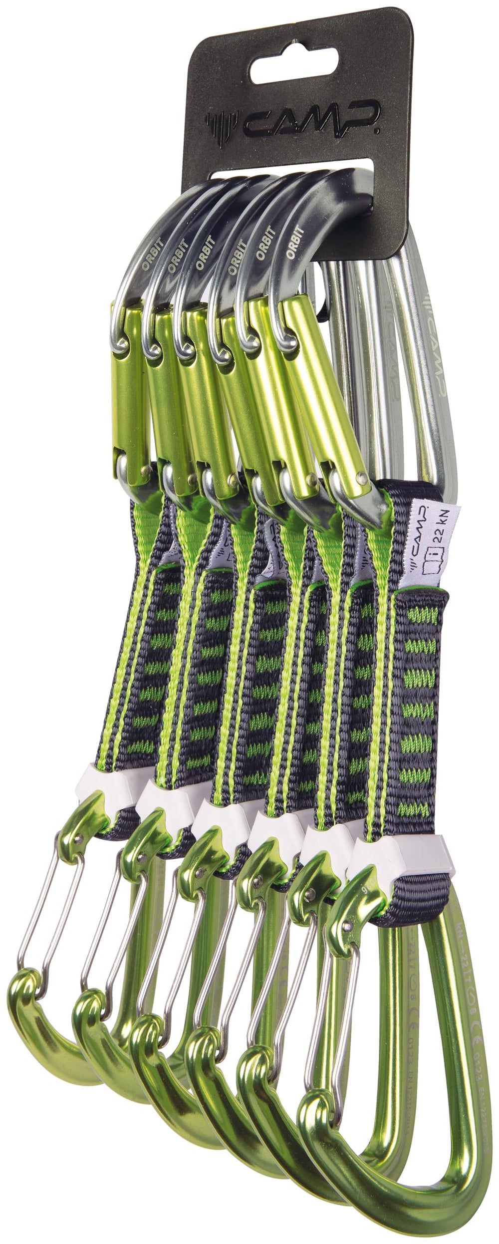 CAMP Orbit Express KS set of six 12 cm slings with Orbit carabiners for sport and trad climbing.