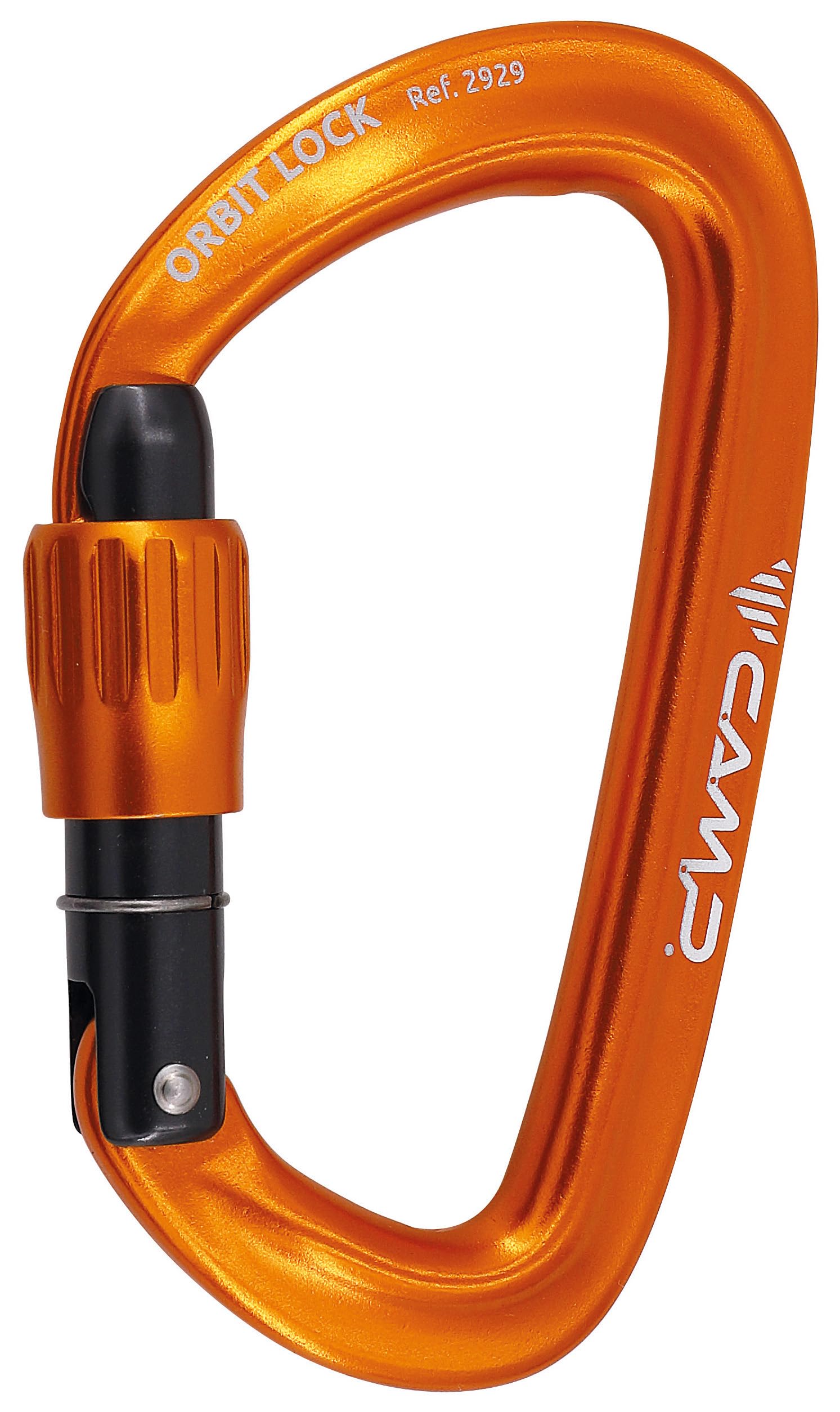 CAMP Orbit Lock Carabiner orange close-up showing compact design for easy rigging